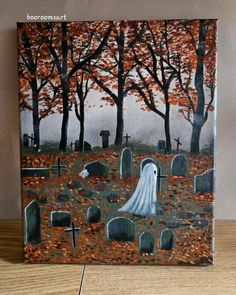 Ghost in graveyard Halloween Canvas Paintings, Fall Canvas Painting, Canvas For Beginners, Halloween Artwork, Cute Canvas Paintings, Easy Canvas Art, Canvas Painting Designs