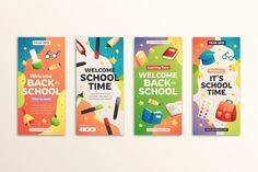 three colorful banners with school related items on the front, back and side of them