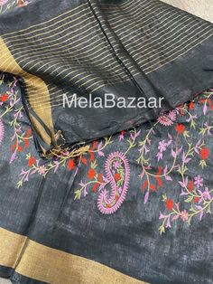 Beautiful and trendy saree ! Black Silk Linen Saree with embroidery and dull gold zari border ! Saree falls nicely and pleats easy ! Fall attached. Blouse fabric included. Floral Embroidered Slub Silk Saree, Traditional Slub Silk Dupatta With Floral Embroidery, Traditional Slub Silk Saree With Floral Embroidery, Slub Silk Saree With Floral Embroidery, Traditional Drape Saree In Slub Silk With Floral Embroidery, Unstitched Slub Silk Saree With Floral Embroidery, Festive Black Saree With Embroidered Border, Semi-stitched Slub Silk Saree With Embroidered Border, Black Blouse Piece With Embroidered Border For Diwali