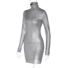 Features: Upgrade your wardrobe with our elegant Silver Turtleneck Long Sleeve Mini Dress. This dress is perfect for any occasion, whether it's a night out or a special event. The sparkly bodycon design will surely turn heads, while the classic turtleneck and long sleeves will keep you warm and stylish in the autumn and winter months. A must-have for any fashion-forward woman. Elegant Turtleneck Bodycon Dress For Winter, Elegant Winter Turtleneck Bodycon Dress, Fitted Turtleneck Mini Dress For Evening, Winter Party Turtleneck Bodycon Dress, Winter Party Bodycon Dress With Slim Fit, Winter Party Bodycon Slim Fit Dress, Turtleneck Bodycon Dress For Party, Chic High Stretch Mini Dress For Evening, Sleek Fitted Bodycon Dress For Party Season