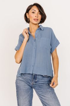 Blue Shirt With Roll-up Sleeves And Shirttail Hem, Collared Denim Blue Blouse With Pockets, Blue Cotton Blouse With Pockets, Relaxed Fit Light Blue Blouse With Pockets, Summer Collared Denim Blue Blouse, Summer Denim Blue Collared Blouse, Collared Denim Blue Summer Shirt, Summer Denim Blue Collared Shirt, Collared Denim Blue Shirt For Summer