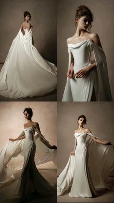 four different shots of the same woman in white gowns, one wearing an off shoulder dress