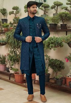 Buy Embroidered Georgette Sherwani Online in India - Etsy Marriage Dress For Men, Engagement Dress For Men, Blue Sherwani