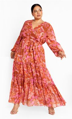 Women's Plus Size Tiered Print Maxi - freehand blooms Strappy Wedge Heels, City Chic Dresses, Beautiful Maxi Dresses, Dresses Plus Size, Skirt Maxi, Strappy Wedges, Elegant Dresses For Women, Chic Dresses, Sheer Sleeves