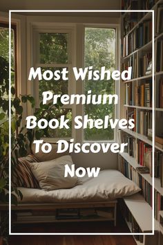 a window seat with bookshelves in the background and text overlay that reads most wishes premium book shelves to discovery now