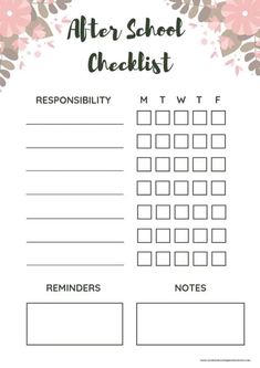 a printable chore chart with pink flowers on the side and green leaves around it