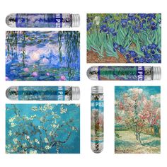 four different types of art work with blue and white flowers on them, including water bottles