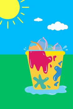 an image of a bucket full of things in the water with sun and clouds above