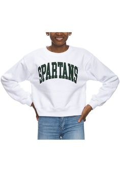 Make your way to the big game in this Michigan State SpartansWomens White Cropped Sport Crew Sweatshirt! This Spartans Long Sleeve Sweatshirt features a applique team name on center chest. Stay warm and comfortable with this Womens MSU Spartans Crew Sweatshirt. Cropped, Crew neck, Long sleeve, Dropped shoulder, 65% COTTON / 35% POLYESTER, 4 Collegiate White Top For Fall, White College Style Tops With Ribbed Cuffs, White Tops With Team Spirit For Fall, White Tops For Fall With Team Spirit Style, College Style White Tops For Fall, White College Style Tops For Fall, White Tops For School Spirit In Fall, White Tops For Fall School Spirit, White Tops For College In Fall