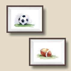 two watercolor paintings of soccer balls and a ball on the ground in front of a beige wall