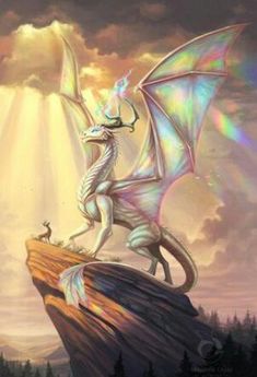 a white dragon sitting on top of a cliff under a cloudy sky with sun beams