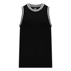 a black tank top with white stripes on the bottom and side, in front of a white background