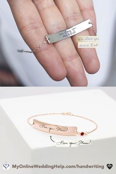 two different types of bracelets with names on them, one in gold and the other in silver