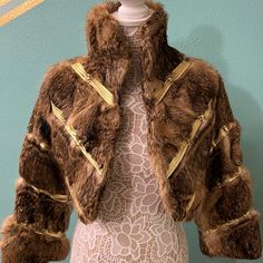 Never Used Cropped Faux Fur Jacket With Gold Leather-Like Trim Small Fits Like A 2 Brown Fitted Faux Fur Outerwear, Fitted Cropped Jacket With Faux Fur Trim Long Sleeve, Fitted Long Sleeve Cropped Jacket With Faux Fur Trim, Fall Party Outerwear In Mink Color, Black Velvet Jacket, Faux Fur Cropped Jacket, Black Velvet Blazer, Trench Coat Style, Blue Jean Jacket