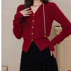 Brand New Red French Style Cardigan, Size L But Fits M Trendy Red V-neck Cardigan, Chic Red V-neck Outerwear, Elegant Red V-neck Cardigan, Casual Burgundy V-neck Outerwear, Trendy Red Winter Cardigan, Fitted Burgundy Cardigan For Winter, Red Long Sleeve Cardigan For Winter, Long Sleeve Red Cardigan For Winter, Elegant Red Cardigan For Fall