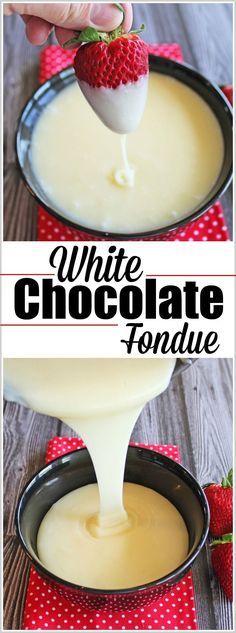 white chocolate fondue is being poured into a pan with strawberries on the side