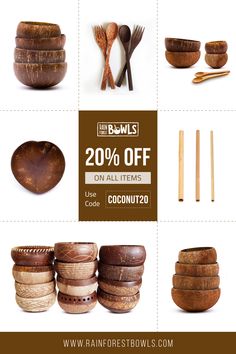 an assortment of wooden bowls and spoons with the words 20 % off on all items