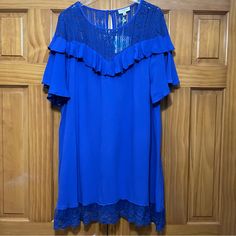 Umgee Royal Blue Dress Size Large Nwt Casual Blue Midi Dress With Lace Trim, Blue Short Sleeve Midi Dress With Lace Trim, Blue Shift Mini Dress For Party, Blue Shift Dresses For Party, Blue Shift Dress For Party, Blue Mini Dress With Lace Trim And Short Sleeves, Blue Midi Dress With Lace Trim For Brunch, White Babydoll Dress, Lace Tunic Dress