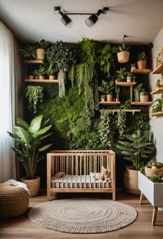 a baby's room with plants on the wall and a crib in front