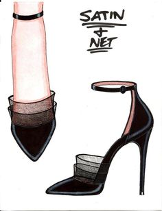 a drawing of a woman's high heeled shoe with the word satin on it