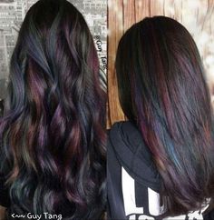 I kind of like this idea and color(s) Brunette With Peekaboo Color, Dark Brown Hair With Fashion Color, Dark Hair With Multi Color Highlights, Oil Slick Balayage, Pops Of Color Hair Brunette, Oil Slick Underlights, Dark Brown Hair With Fun Colors, Subtle Colored Hair Brunette, Dark Hair With Color Highlights