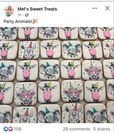 an image of some cookies that are decorated with animals and clowns on them, as well as the words mel's sweet treats party animals