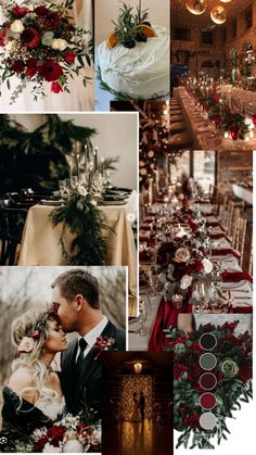 a collage of red and green wedding decor with flowers, greenery and candles