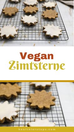 vegan zimstere cookies on a cooling rack with the words, vegan