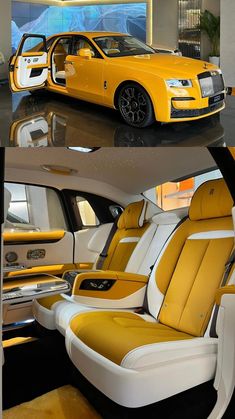 the inside and outside of a car with yellow leather seats on display in a showroom