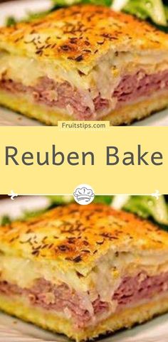 two pictures of reuben bake on a plate