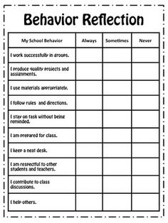 a behavior check sheet with the words behavior reflection