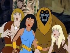 an animated image of three women standing in front of a gorilla man and another woman