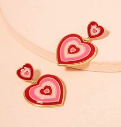 "Double Heart Earrings Red, Pink and Gold Heart dangles from a heart on the earlobe. Dangle Pierced 1.5\" x 1\"" Fran Fine, Pink Heart Earrings, Earrings Double, Earrings Heart, Heart Drop Earrings, Double Heart, Rhinestone Jewelry, Girly Jewelry, Stylish Jewelry