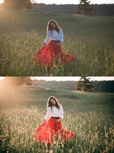 a woman in a red skirt is sitting in the middle of a field with her hands on her hips