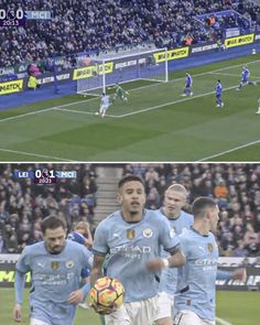 two pictures of men playing soccer in front of an audience