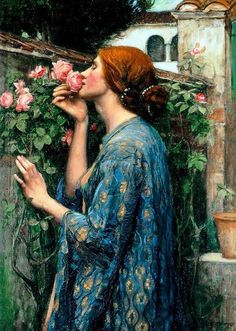 a painting of a woman smelling flowers