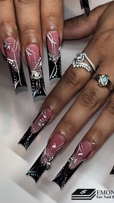 Black French Nails, Black French Tips, Nails Design With Rhinestones, Black French, Pink Acrylic, Photoshoot Concept, French Tips