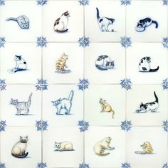 many different colored cats sitting on top of each other in the same square pattern with blue snowflakes