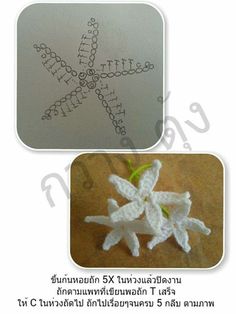 crocheted snowflakes are shown in two different pictures