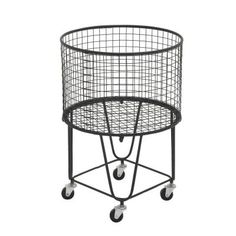 a metal wire basket on wheels