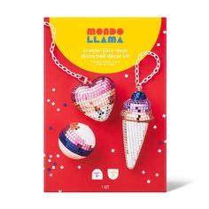 two ice cream cones on a red background with confetti around them and the words, moro llama create your own disco ball decor kit