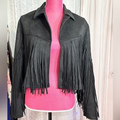 Super Soft Has Stretch Fits Like A Medium Black Fringe Long Sleeve Outerwear, Black Fringe Outerwear For Fall, Chic Black Outerwear With Fringe, Black Fringe Outerwear, Black Fringed Outerwear For Winter, Black Fringe Outerwear For Winter, Fitted Black Outerwear With Fringe, Winter Fringe Outerwear For Night Out, Fitted Black Fringe Outerwear