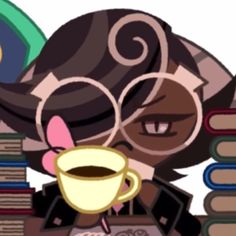 a cartoon character is sitting at a desk with books and a cup of coffee in front of them