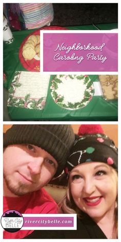 two photos of a man and woman at a table with christmas decorations on it, one is holding a plate