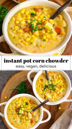 two bowls of instant pot corn chowder on a wooden platter