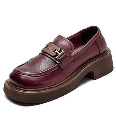 Gender: Women Type: Loafers Main Materials: Cowhide Insole: Pigskin Sole: Rubber Type of Closure: Slip-on Style: Daily, Casual, Retro Season: Spring, Autumn Heel Height: Medium (4.5 cm) Fall Moccasins With Brogue Detailing And Round Toe, Brown Loafers With Metal Feet And Round Toe, Brown Platform Loafers For Business, Fall Business Leather Platform Shoes, Brown Slip-on Loafers With Metal Feet, Office Moccasins With Leather Footbed And Round Toe, Business Slip-on Platform Leather Shoes, Business Slip-on Leather Platform Shoes, Round Toe Moccasins For Business In Fall