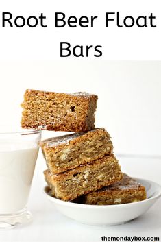 three bars stacked on top of each other in front of a glass of milk with the words root beer floatr bars