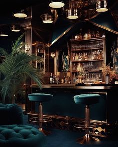 a bar with green velvet stools and gold trim around the bar, surrounded by potted plants