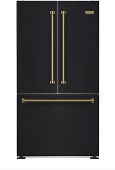 a black refrigerator freezer with gold trimmings on the door and two brass handles