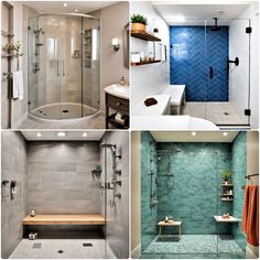 four different bathroom designs with blue and white tile on the walls, including a walk in shower